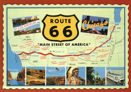 Route 66, Main Street of America, Highway, Chicago to Los Angeles - Map Postcard - Afbeelding 1 van 2