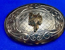 Cowboys Horse Saddle On Vintage Western Two Tone Ornate Oval Belt Buckle