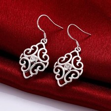 Womens 925 Sterling Silver Elegant Filigree CZ Crystal Drop Dangle Earrings E242