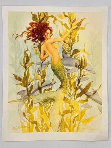 Topless Mermaid Watercolor Giclee Print Painting Signed By Marie LeBaudour