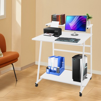 3-tier Rolling Computer Desk Mobile Desk Free Standing Home Office Table White
