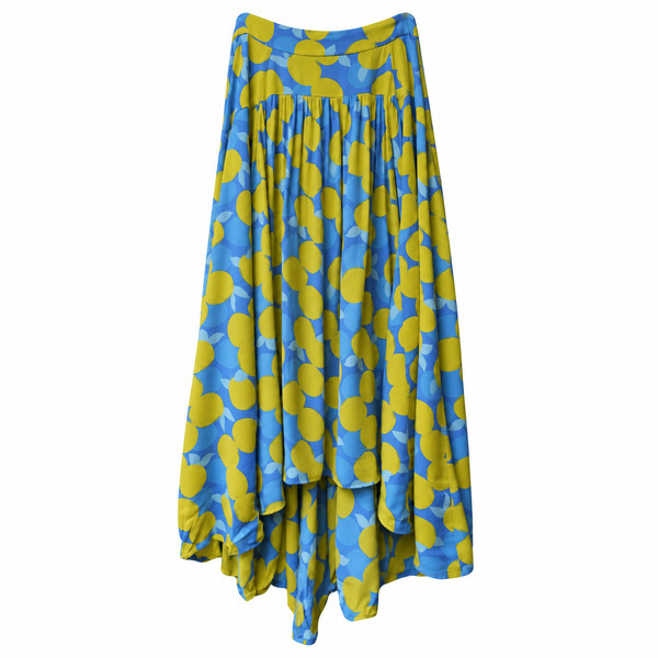 Mister Zimi Womens Skirt Sz 8 Lemon Print Blue Yellow High Low Skirt