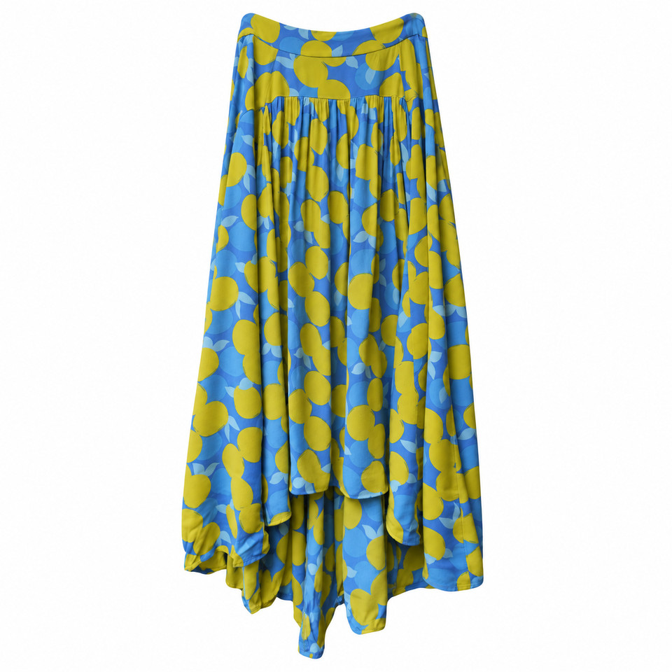 Mister Zimi Womens Skirt Sz 8 Lemon Print Blue Yellow High Low Skirt