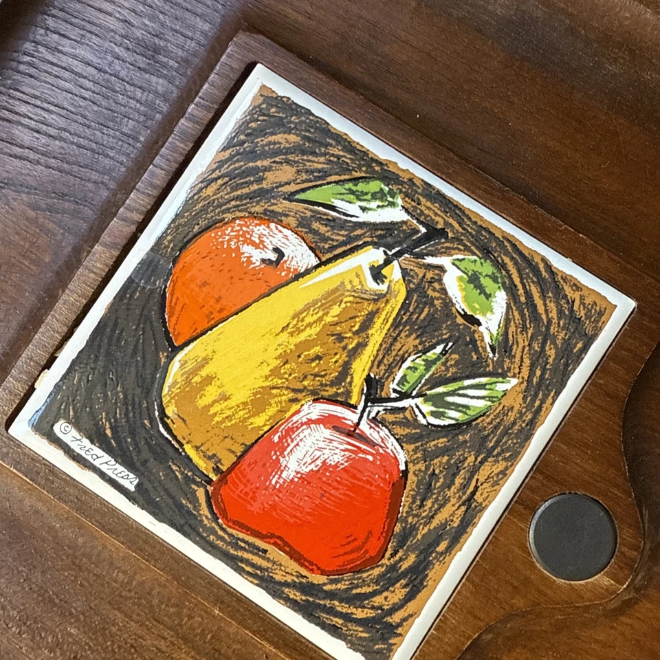 Tablero de charcutería de madera MCM vintage con tablero de queso Fred Press Azulejo Foto 2 de 3