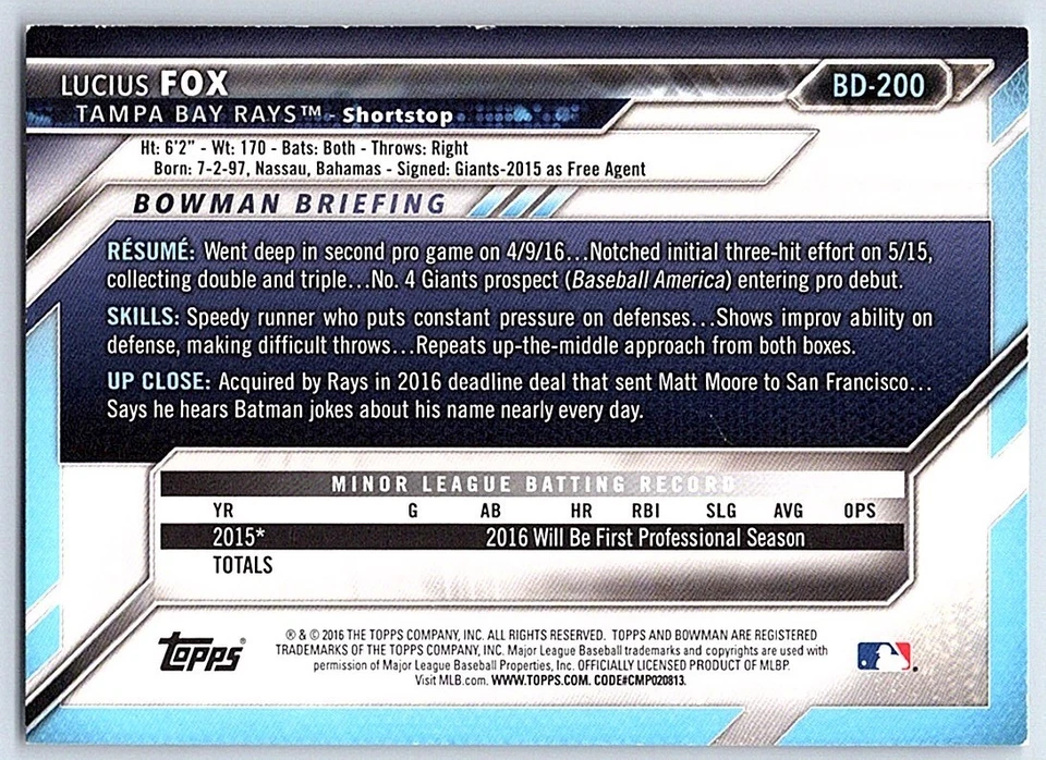 2016 Bowman Draft Lucius Fox Tampa Bay Rays #BD-200 - Image 2 of 2