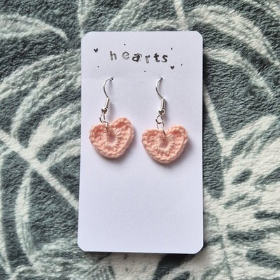 Handmade Crochet Light Pink Heart Love Dangle Earrings & Silver Plated Hooks