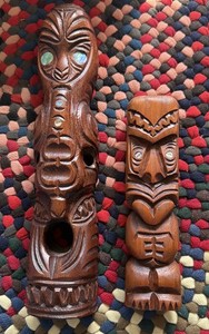 Vintage Maori Rotorua New Zealand Moana Wood Carvings Polynesian Shell Eyes