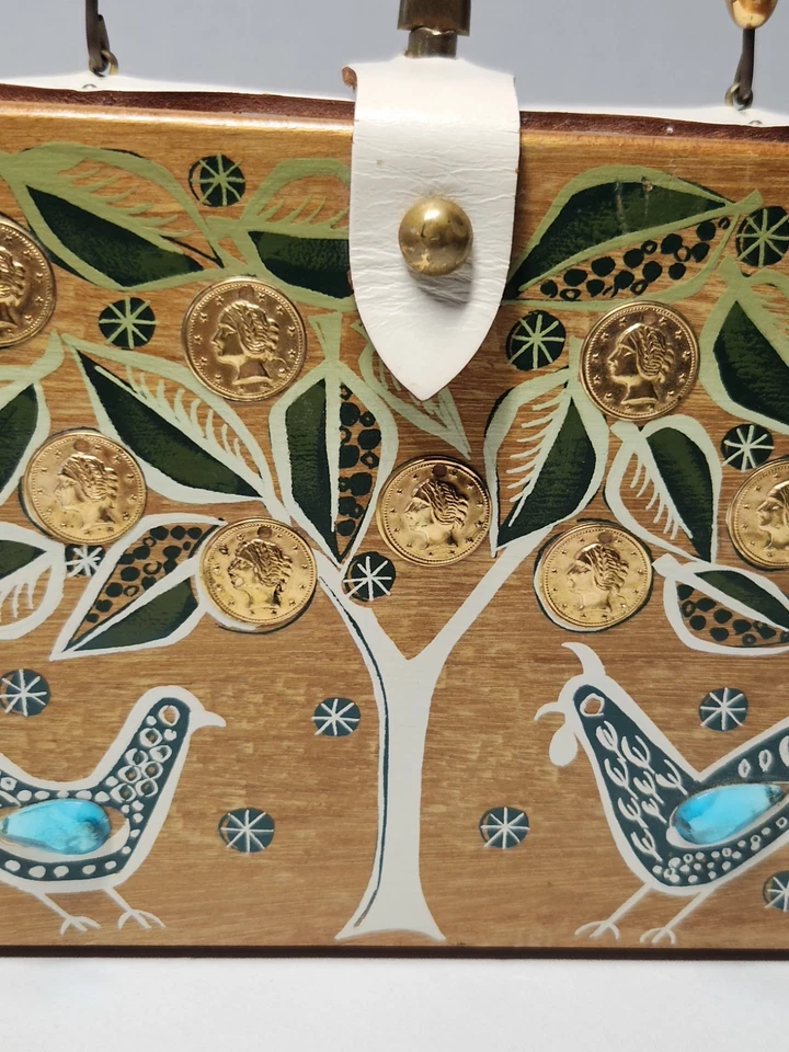 Bolso de mano de madera vintage 1962 Enid Collins "Money Tree VI" mediados de siglo Foto 2 de 4