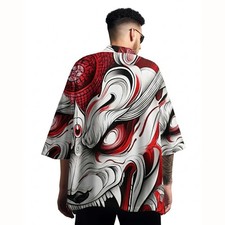 Niepce Men's Japanese Graphic Lightweight Red Monster Kimono Cardigan Shirt Top
