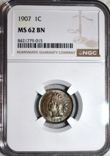 NGC MS-62 BN 1907 Indian Head Cent, Highly Lustrous & Lightly Toned.