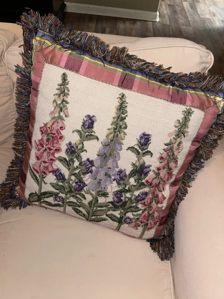needlepoint pillow floral foxglove horchow fringe - Image 4 of 4