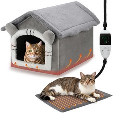 FHTONGE Heated Cat Bed House with Timer Temp Adjustment, Thermal Enclosed