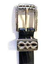BRIGHTON Belt Black Genuine Leather Silver Metal Decorative Buckle Size 32 M/L