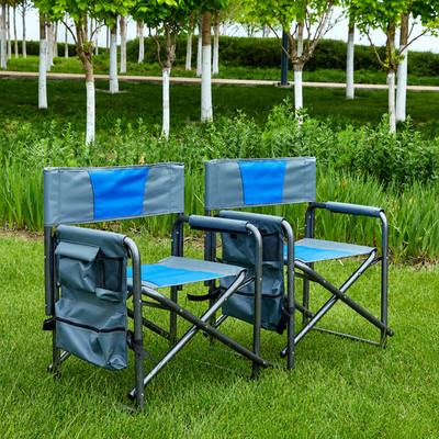2 Pack Padded Folding Camping Chairs Director Chairs Storage Pockets Blue Gray