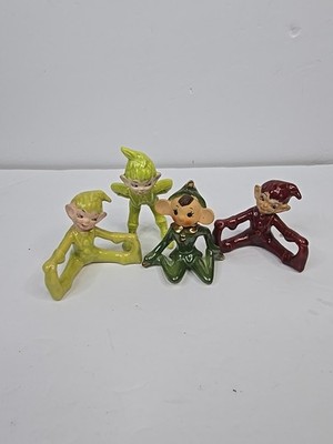 VTG 1950s Japanese Ceramic Pixie Elf Figurine Set of 4 MCM Kitsch Knee Hugger