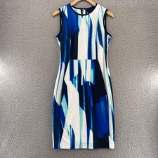 Calvin Klein Dress Womens 6 Blue Geometric Art Stretch Sheath Sleeveless Career