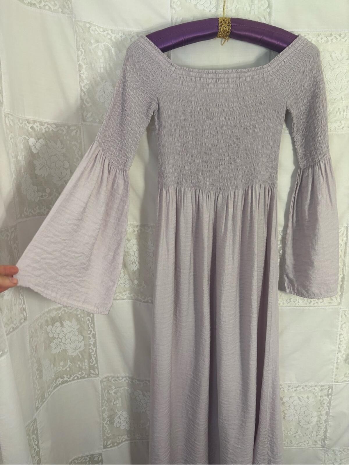 Pastel Lilac Renaissance Bell Sleeve Smocked Bodice Fairytale Maxi Dress Size S