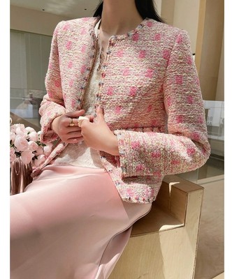 Handmade Tweed Boucle rosa Sakko mit mehrfarbigen Punkten Gr. XL (UK14-16)