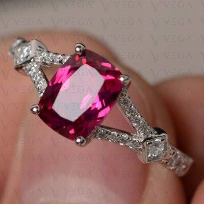3.42Ct Cushion Cut Natural Ruby & Diamond Engagement Ring 14K Solid White Gold
