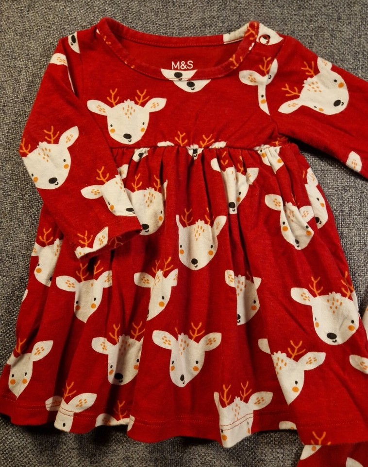 M&s Baby Girls Christmas Outfit 03 Months Red Dress & Leggings Set