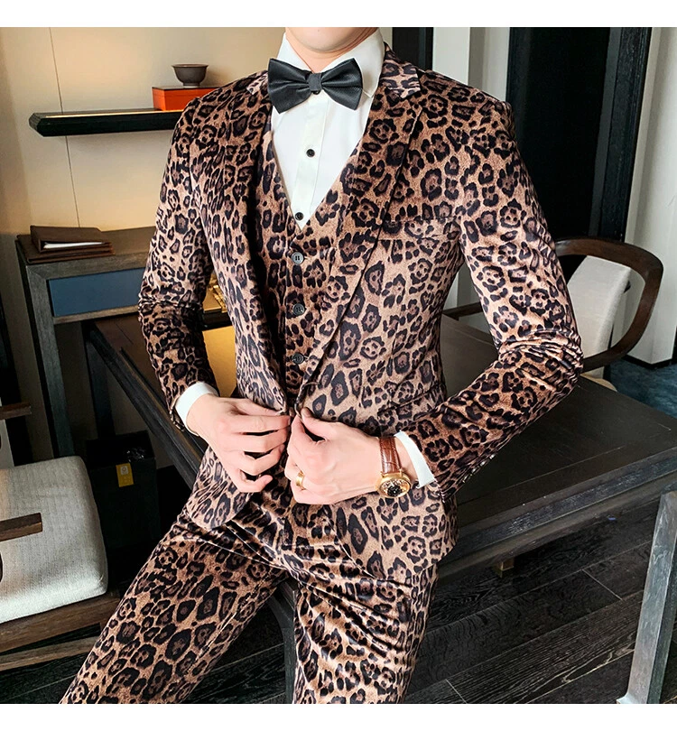 Mens Leopard Print Suit Velvet Wedding Dinner Formal Prom Dress Suits 3 Pieces - Image 3 of 4