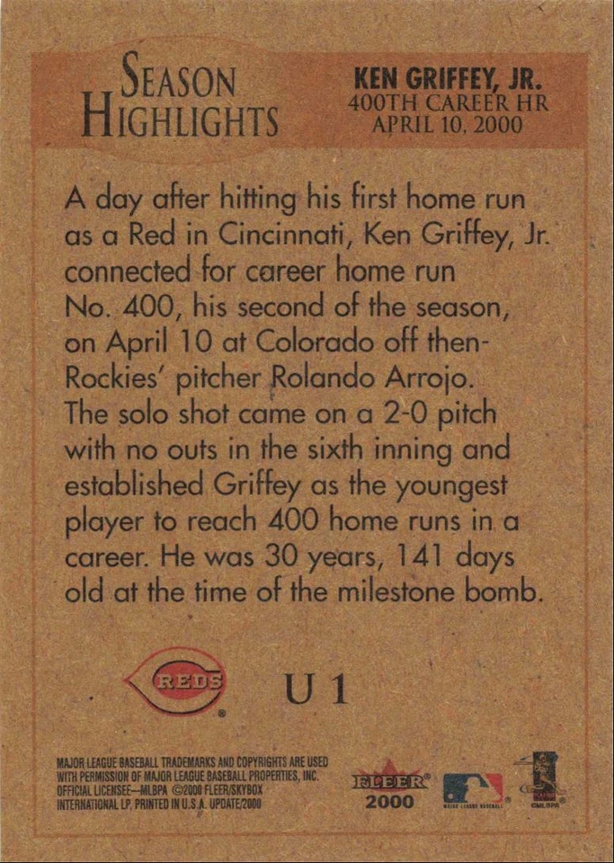2000 Fleer Tradition Update Ken Griffey Jr. Cincinnati Reds #U1 - Image 2 of 2