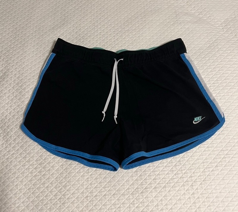 Nike FITDRY women’s shorts black with blue trim and white, lined, size S