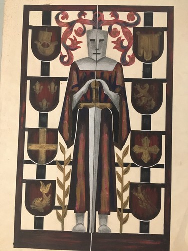 Très Beau Dessin Gouache Sur Papier Chevalier Épée 1950 Sanctuaire Militaire