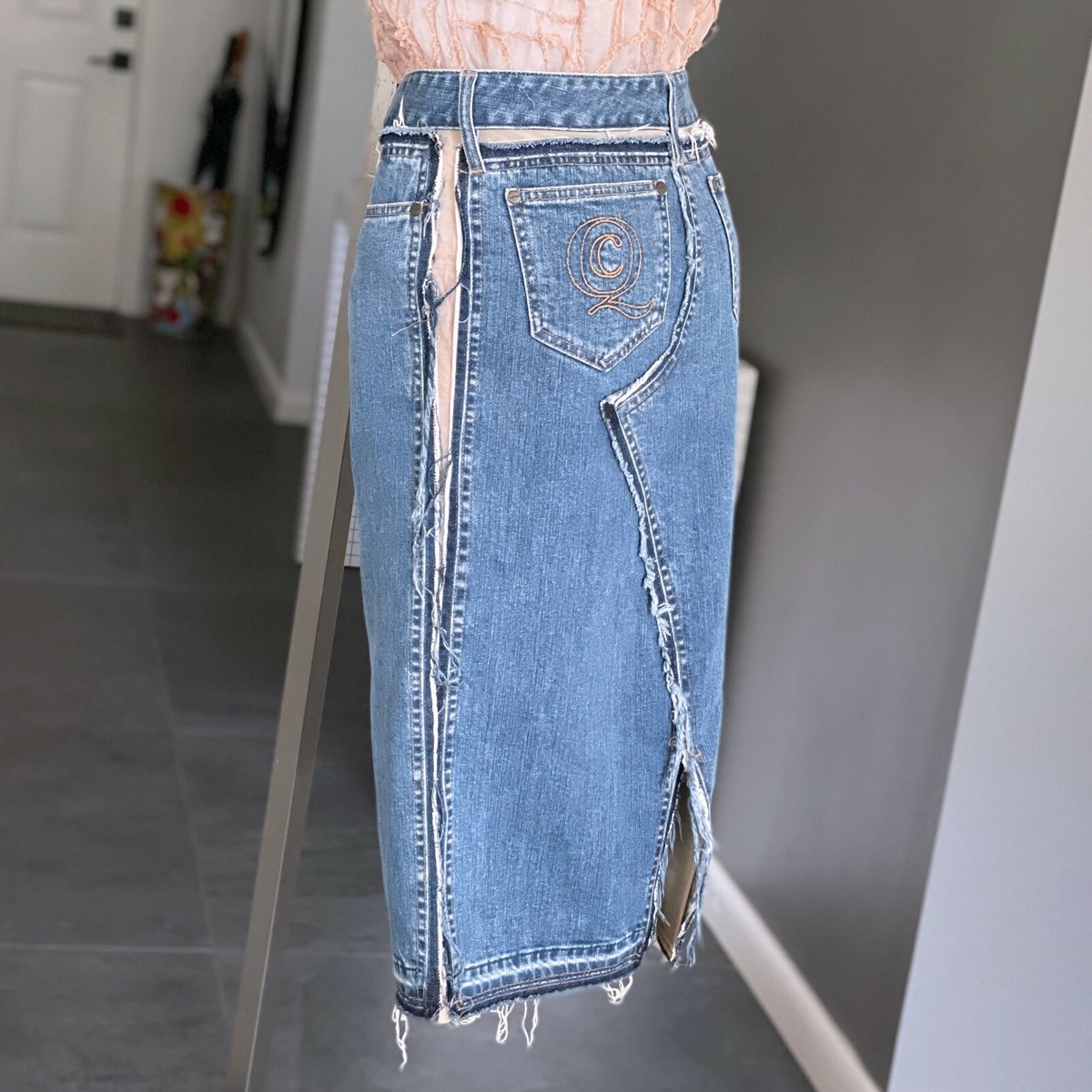 スカート Alexander Mcqueen Two-Tone Denim Skirt ALEXANDER McQUEEN paneled denim skirt distressed size 42