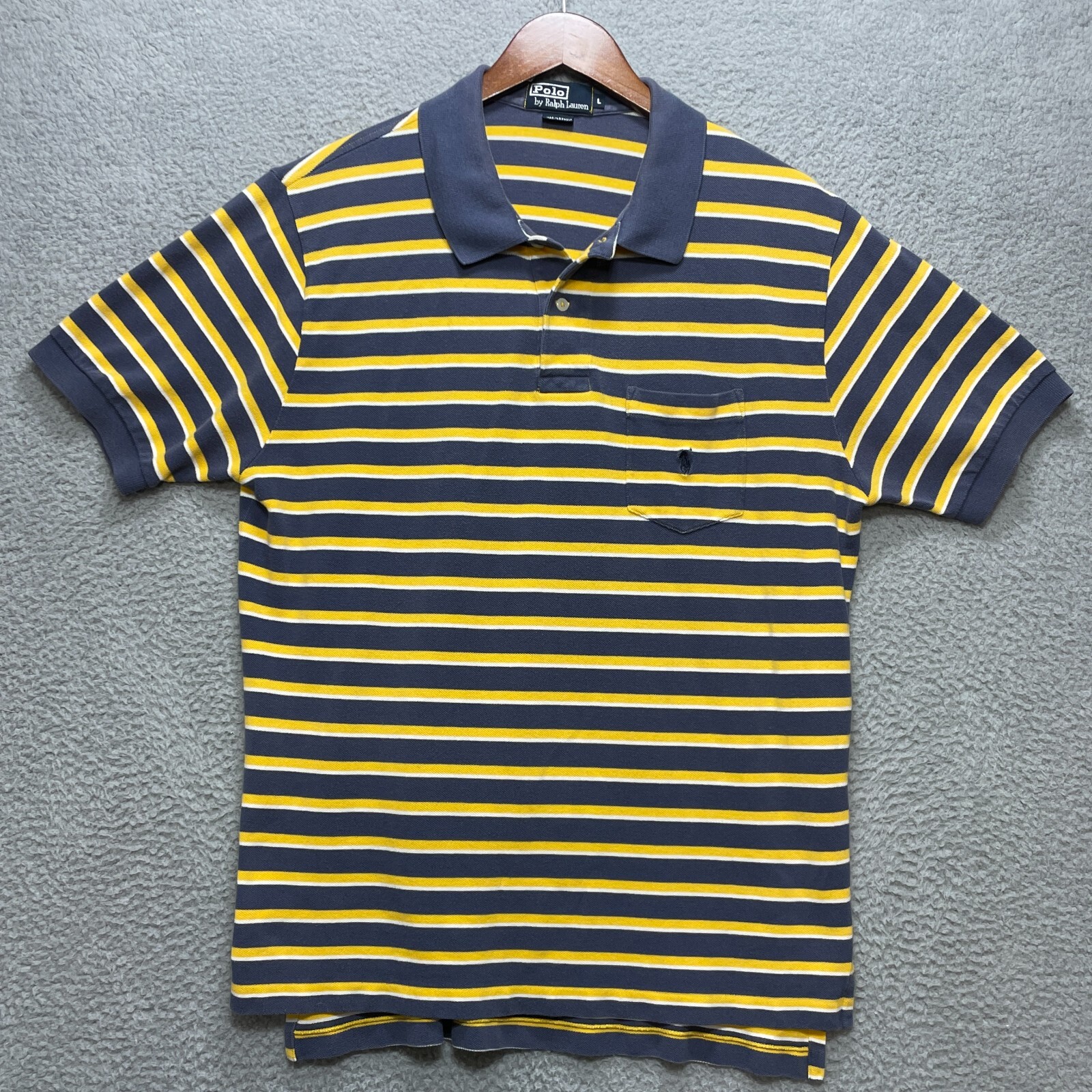 POLO RALPH LAUREN camicia uomo L giallo navy righe pony logo cotone tasca classica