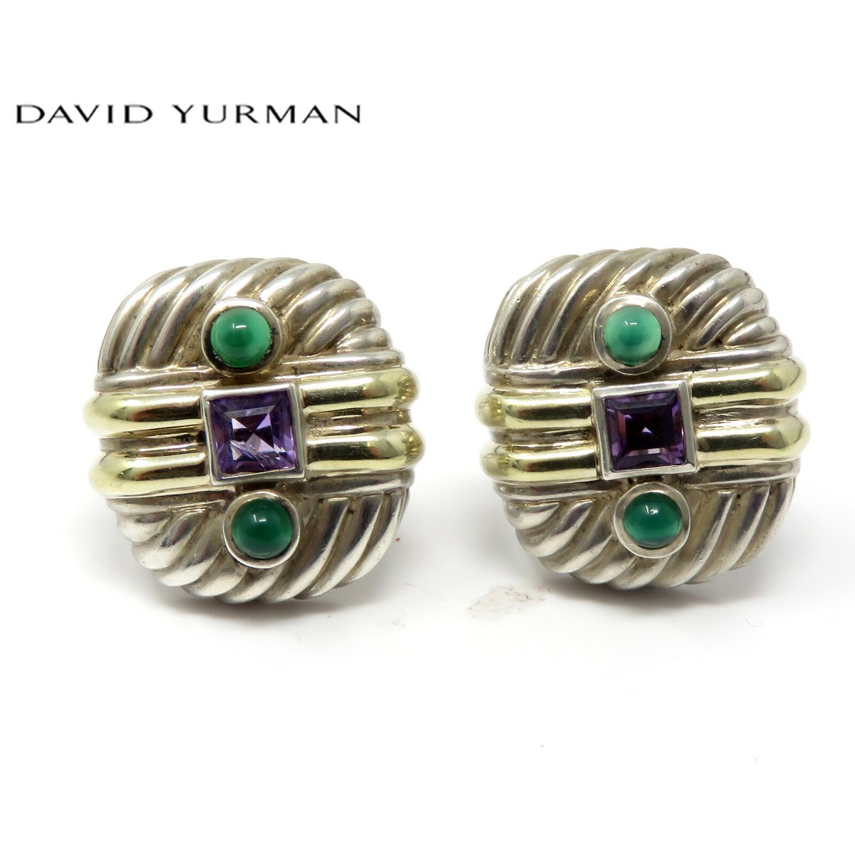 NYJEWEL David Yurman 14K Gold 925 Silver Amethyst Green Stone Clip On  Earrings