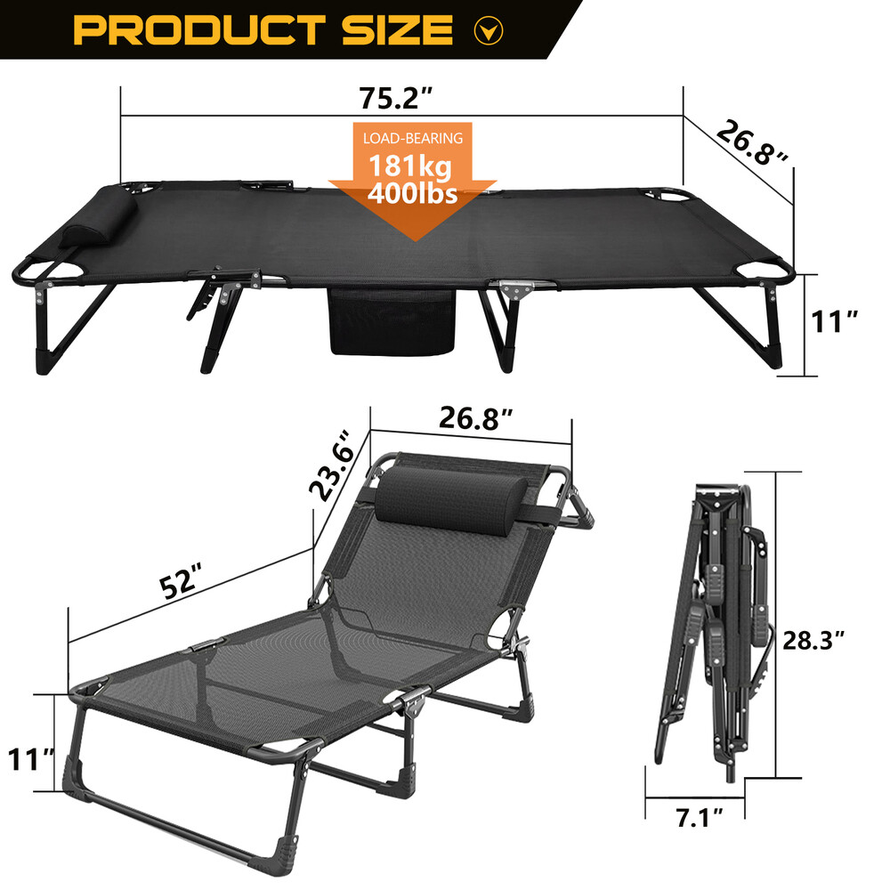 SLSY Folding Lounge Chair Bed Cot 4-Position Adjustable Patio Reclining With Pad