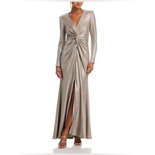 Eliza J Long Sleeved V Neck Twist Waist Mermaid Gown Silver Size 4 NWT
