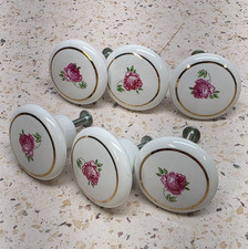 VTG Romantic Retro Pink Rose Gilded White Porcelain Drawer Knobs Set Of 6