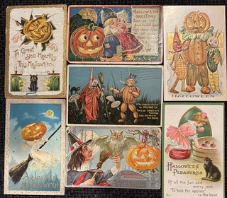 Cartolina antica Halloween lotto 7 Gottschalk cucchiaio IAP strega zucca gatto