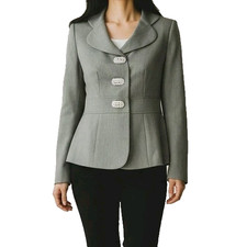 Kasper Blazer Size 6 Gray Large Rhinestone Buttons Scalloped Collar Lined