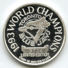 1993 Toronto Blue Jays 999 Silver 1 oz World Series Medal Round MLB Basebal Q820
