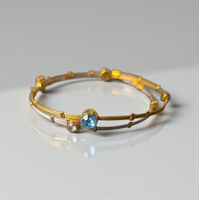 Vintage Gold And Silver Tone Memory Wire Braclet Set Of 2. Blue And Clear...