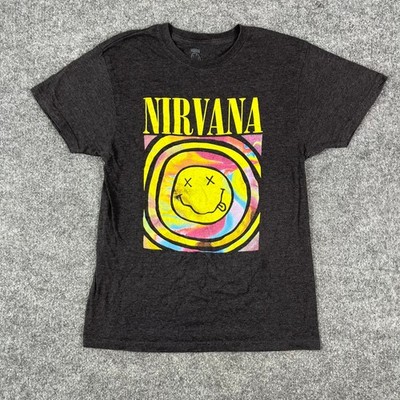 Nirvana T Shirt Mens Size L Black Graphic Band Tee Smiley Face Rock Grunge
