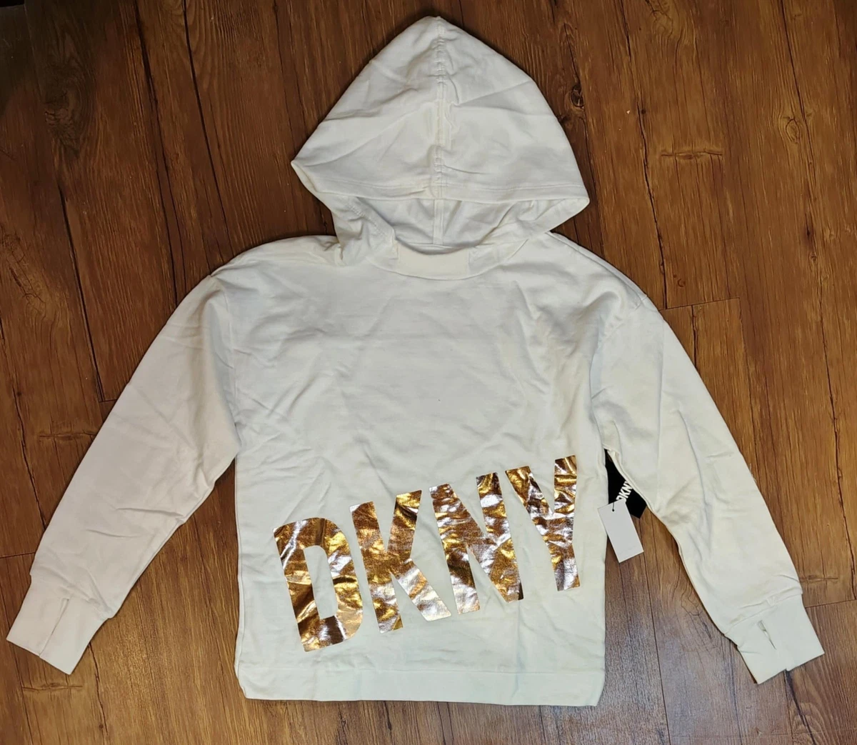 Sweat à Capuche Fille DKNY 7 Ans – Blanc Cassé Avec Paillettes