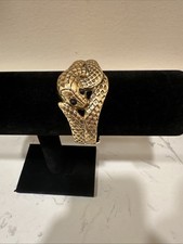 Snake Bracelet Gold Tone Hinges Bangled Black Stone Eyes