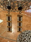 VINTAGE ART DECO WHITE MILK GLASS & BLACK RHINESTONE DANGLE Clip On Earrings EUC
