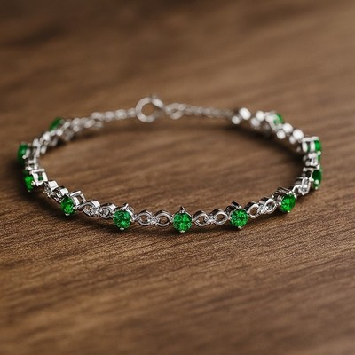 925 Sterling Silber Infinity Tennisarmband Lab-Edelstein Smaragd & Diamant #1005