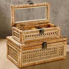 Set of 2 Boho Rattan Decorative Box with Glass Lid Rectangular Woven Cane Sta...