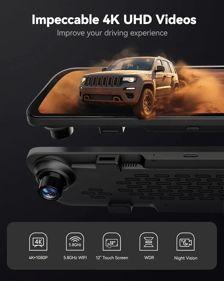 WOLFBOX G840S 12" 4K Mirror Dash Cam Backup Camera, 5.8GHz WiFi Smart Rearview - Image 2 of 4