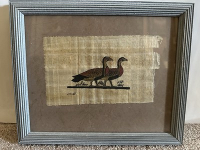 Antique Papyrus Egyptian Painting of 2 Geese Signed By Artist Framed