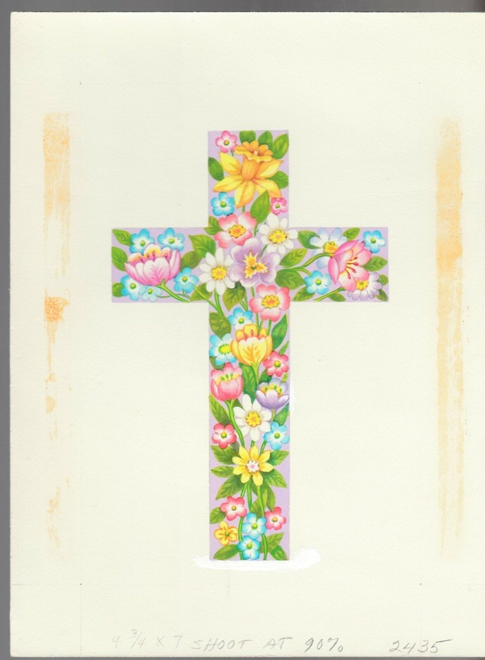 AN EASTER WISH Cross Filled w/ Colorful Flowers 7x9  Greeting Card Art #E2435 Comic Art