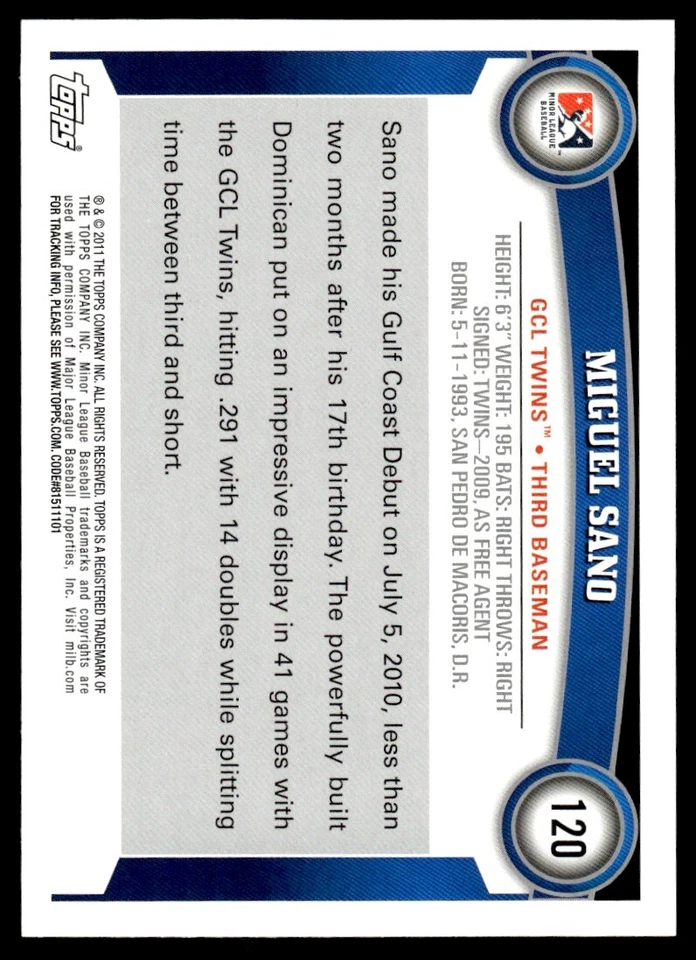 2011 Topps Pro Debut Miguel Sano GCL Twins #120 R5 - Image 2 of 2