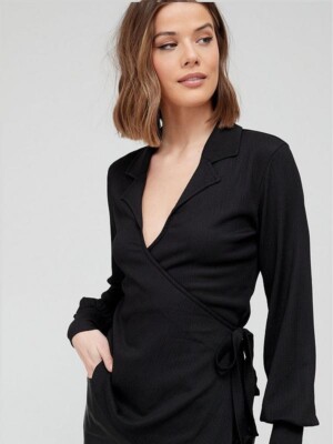 V by Very Kragen Detail Langarm Ausschnitt Wickelbluse T-Shirt Top schwarz UK Größe 6