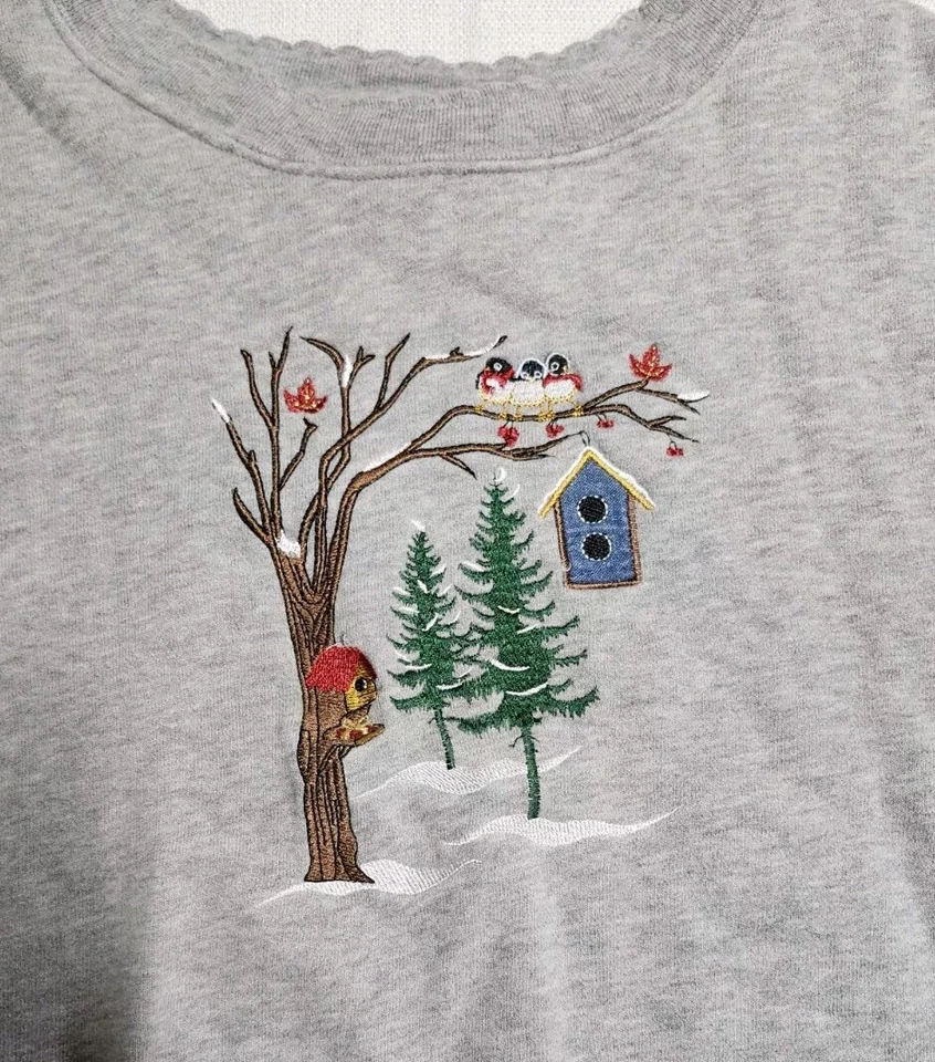 Winter Bird Womens XL Embroidered Grandma Sweatshirt Basic Editions Gray EUC - Image 2 of 4